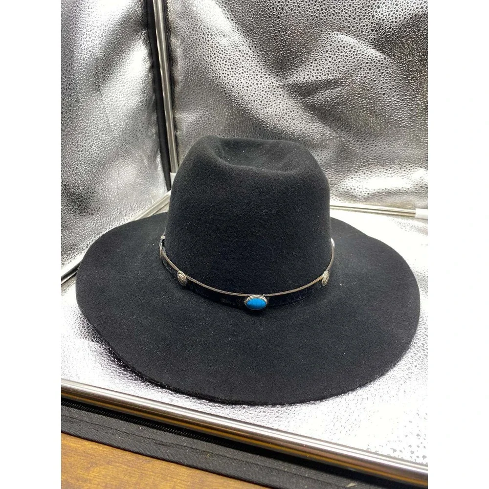Bee Hat Co Cowboy‎ Hat Mens 7 1/4 Black Felt Turquoise Concho Wide Brim Western